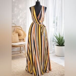 Forever 21 Striped Wrap Maxi Dress Boho Summer Tie Waist